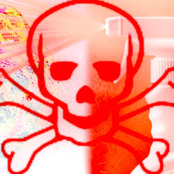 A red skull and crossbones overlain a skin rash and diseased brain