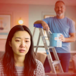 A man near a stepladder holding a paint can and looking pleased, and a woman in the foreground with sore eyes looking ill.