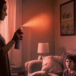 A woman spraying insecticide indoors and a worried child watching on.