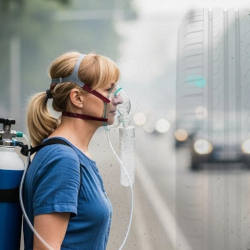 A woman wearing an oxygen mask waiting to cross a busy, polluted road