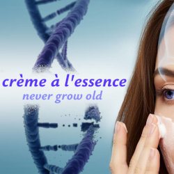 A woman rubbing face cream on next to a broken DNA strand