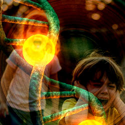 A montage of a child screaming, a loudspeaker, and DNA