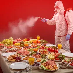 A man in a biohazard suit spraying a fine mist over a table full of food.