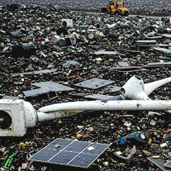 A large dump site with various items of waste associated with renewable energy technology including heat pumps, wind turbines, and solar panels.
