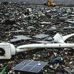 A large dump site with various items of waste associated with renewable energy technology including heat pumps, wind turbines, and solar panels.