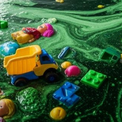 A green toxic pool with plastic toys floating in it