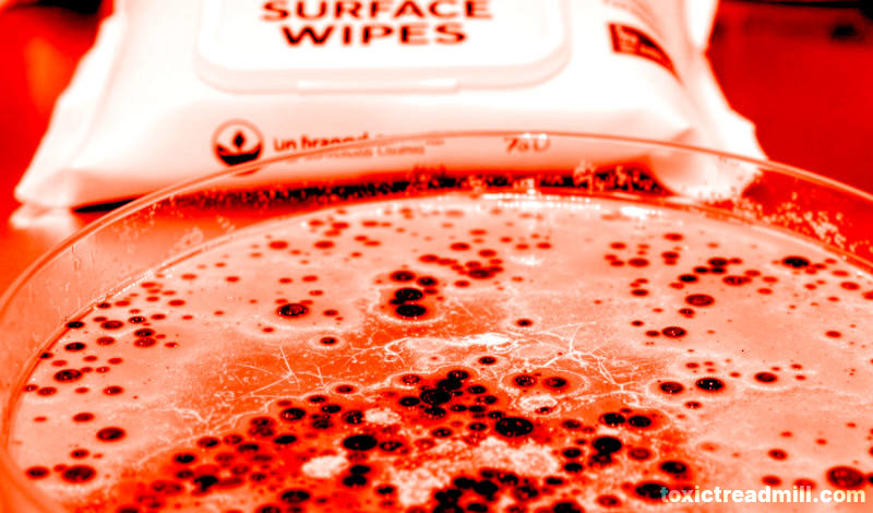 A petri dish with microbes growing in it, in the background a pack of surface wipes.