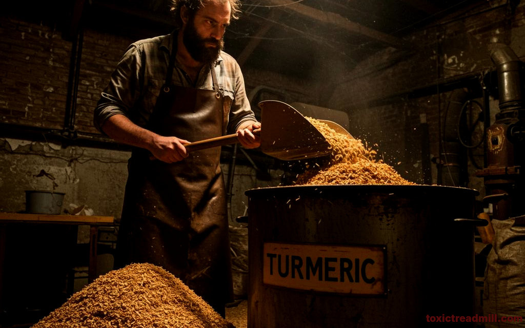 A man in a gloomy room shoveling sawdust into a large VAT labelled turmeric