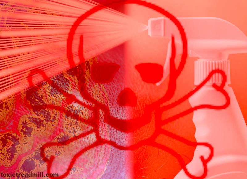 A red montage of skull and crossbones, spray cleaner, skin rash, and brain decay