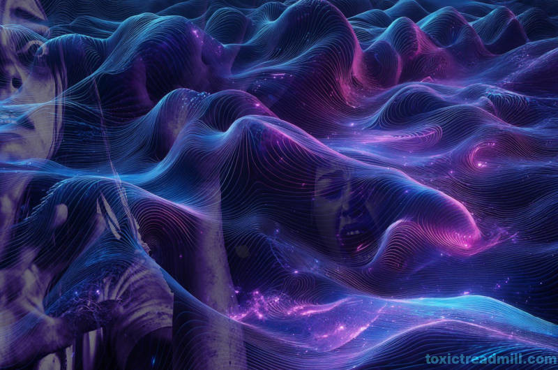 A purple and blue undulating sea of electromagnetic waves with reflections of distressed people