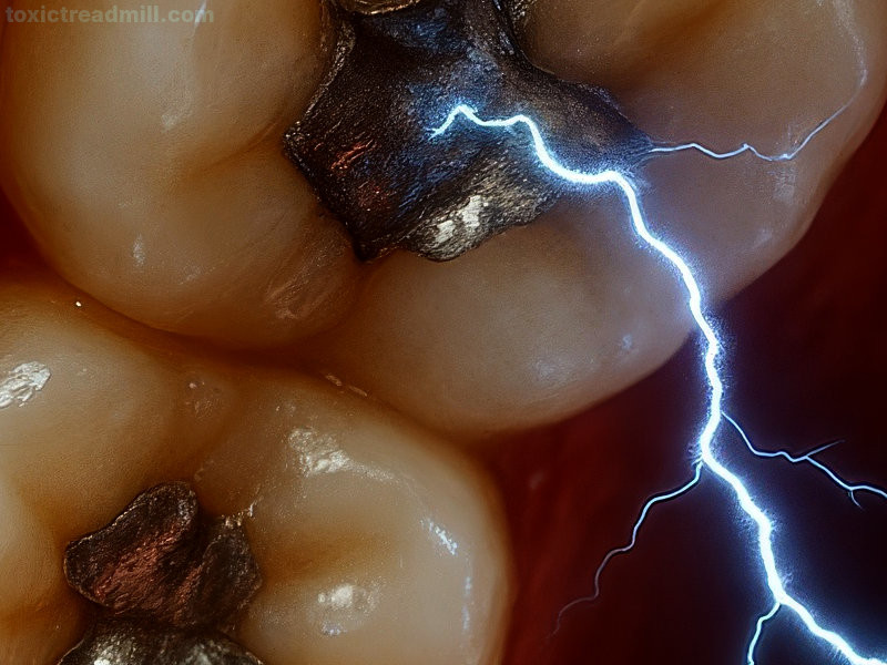 A close up view of a molar tooth with a mercury amalgam silver metal filling with an electrical arc coming off it