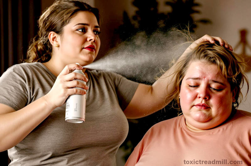 A woman sprays hairspray onto her daughter's hair, her daughter looks unwell and upset
