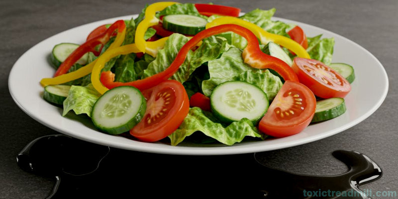 A white plate of fresh salad on a table, black oily goo is seeping out from under the plate