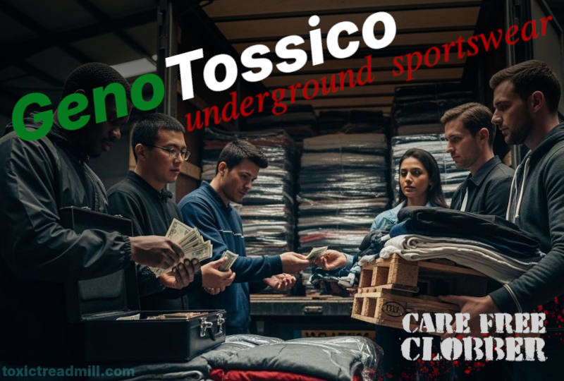 Some people doing a deal for a job lot of clothing in a shady warehouse