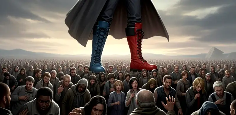 A giant wearing one red boot and one blue boot standing on a crowd of oppressed people