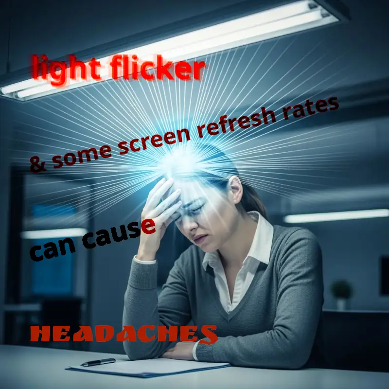 Light flicker and certain screen refresh rates can induce headaches in sensitive individuals A girl sitting at a desk in a classroom with a terrible headache indicated by an orb with sharp radial spokes emanating from her forehead