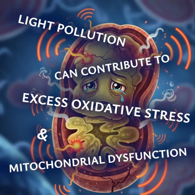 Indoor and outdoor light pollution causes sickness A cartoon of a mitochondrial organelle suffering from light radiation with overlain words, light pollution can contribute to excess oxidative stress and mitochondrial dysfunction