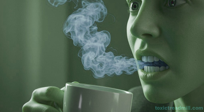 A person drinking a hot drink and looking shocked to see vapour emerging from their mouth