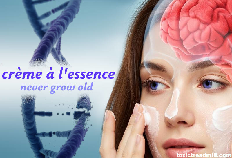 A woman rubbing face cream on, looking longingly at the words, creme a l'essence, never grow old, which is sandwiched between a broken strand of DNA