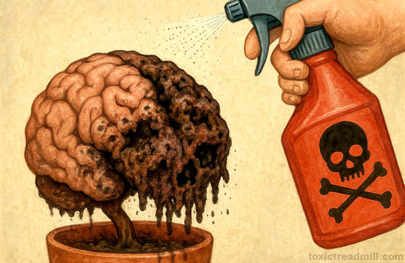 A brain being sprayed with pesticide and turning necrotic