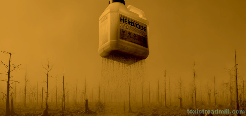 A tub of herbicide hovering over a dessicated field, sepia colours