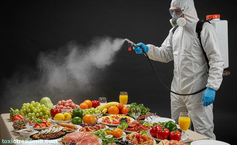 A table laid with lots of delicious food and a man in a biohazard suit spraying over the food with a fine mist