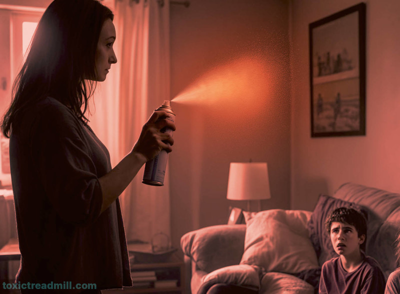 A woman sprays insecticide into the air in her loung, a child on the couch looks on worried