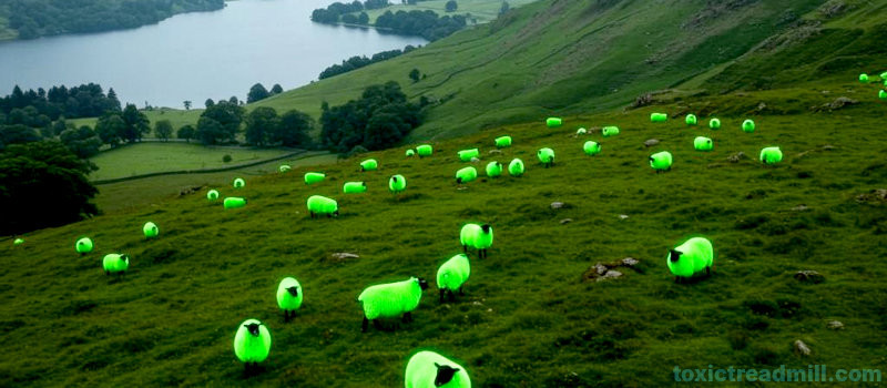 A field of sheep near a lake, the wool on their backs is glowing luminous green