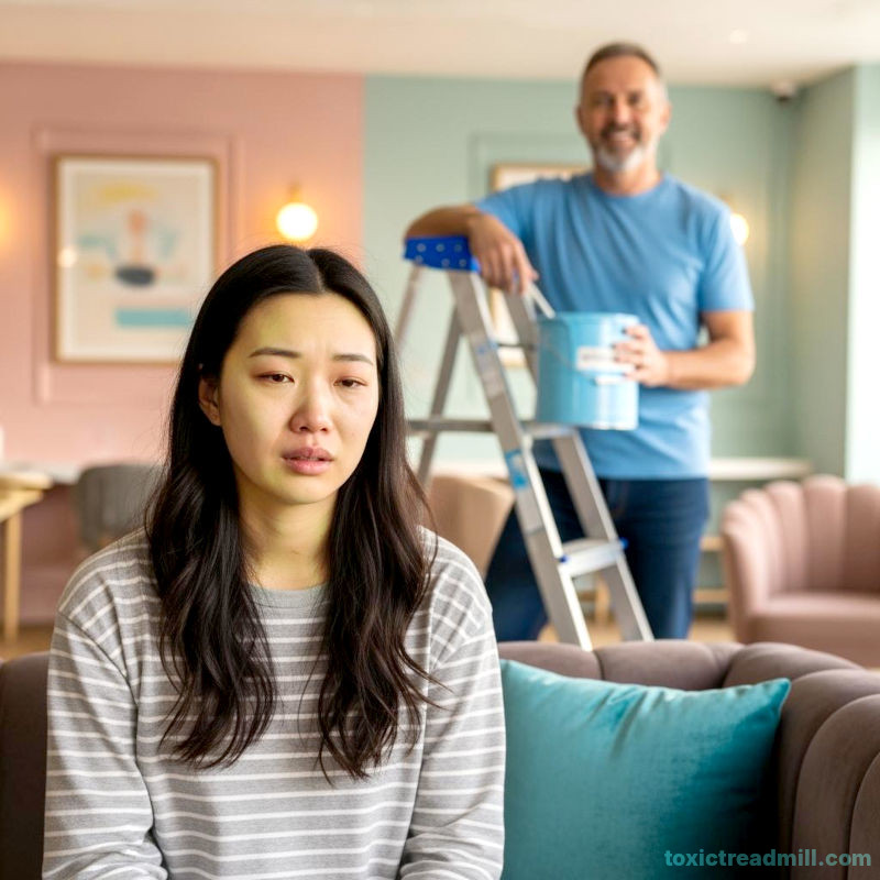 In the foreground, a woman sitting on a cough looking very unwell; in the background, a man with a tin of paint, looking proud.