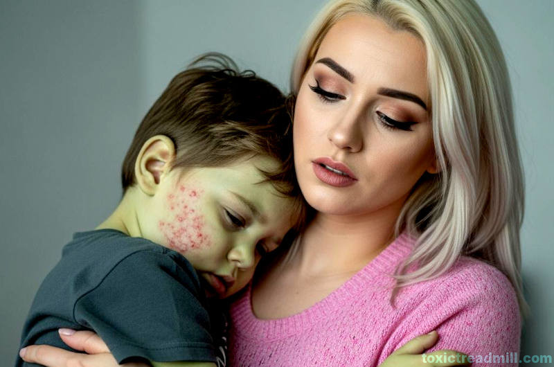A pretty woman with dyed-blond hair holding a sick child with a skin rash