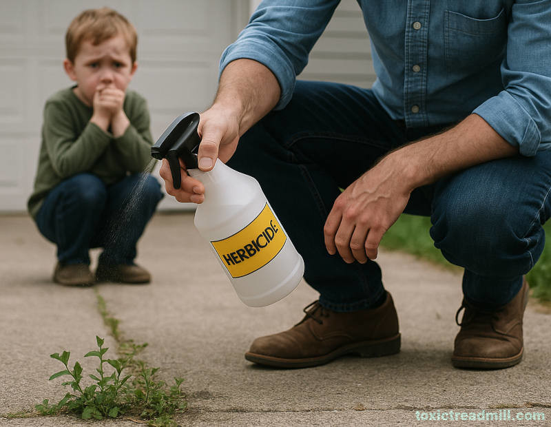 A man spraying herbicide onto his driveway with a worried child looking on