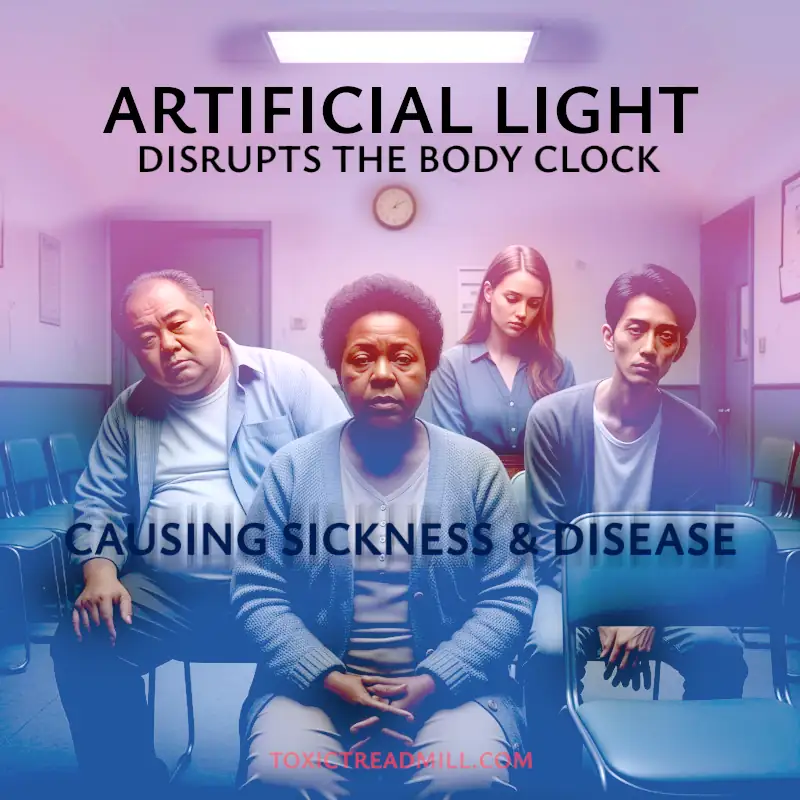 Artificial light interferes with natural circadian rhythms Four people sitting in a waiting room beneath a wall clock, a large fluorescent light shines from the ceiling, text reads: artifical light disrupts the body clock causing sickness and disease