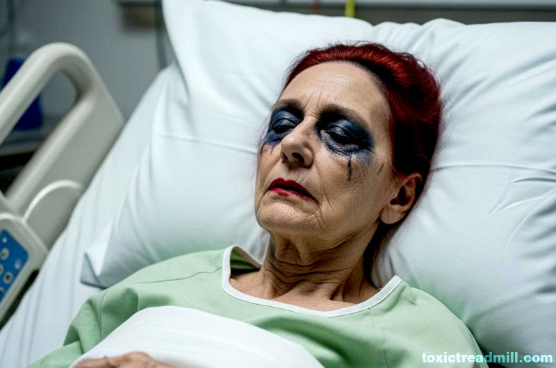 An unwell women in a hospital bed with dyed hair, smeared mascara, and lipstick