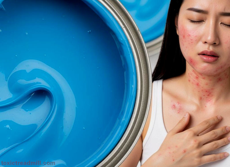 An open tin of lush blue paint and a woman with a severe skin rash.