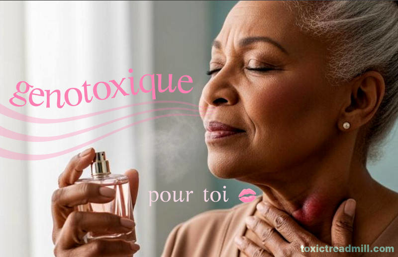 A woman spraying generic perfume toward her nose, her eyes are closed and she is looking pleased, but her neck has a large red growth on it