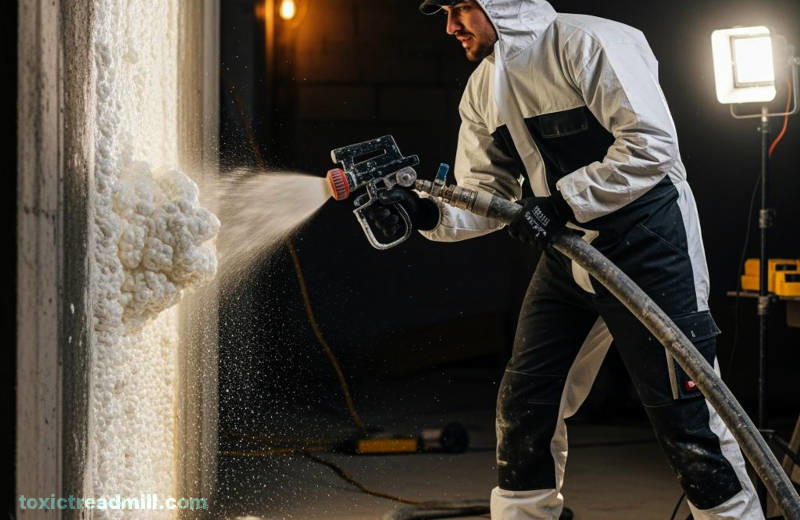A workman spraying polyurethane foam insulation onto a wall.