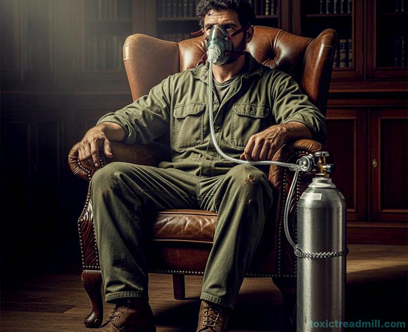 A workman sitting on an armchair wearing an oxygen mask.
